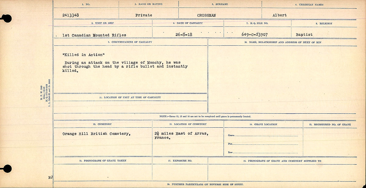 Titre : Registres de circonstances du dcs, Premire Guerre mondiale - N d'enregistrement Mikan : 46246 - Microforme : 31829_B016734