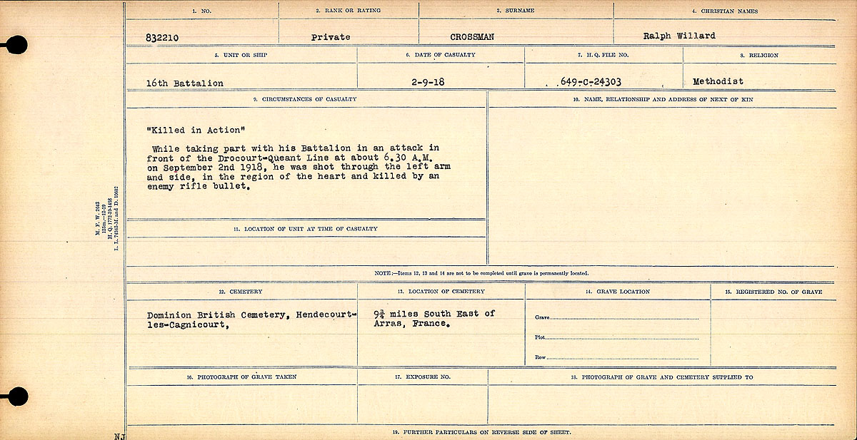 Titre : Registres de circonstances du dcs, Premire Guerre mondiale - N d'enregistrement Mikan : 46246 - Microforme : 31829_B016734
