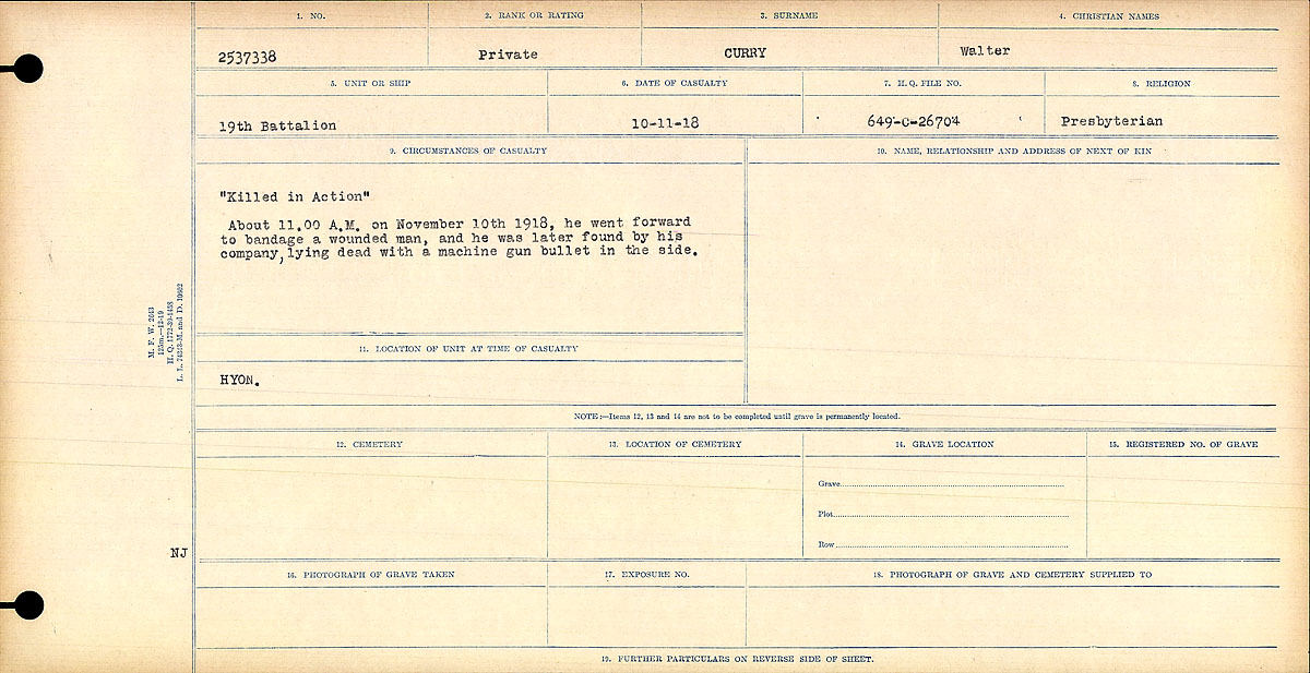 Title: Circumstances of Death Registers, First World War - Mikan Number: 46246 - Microform: 31829_B016734