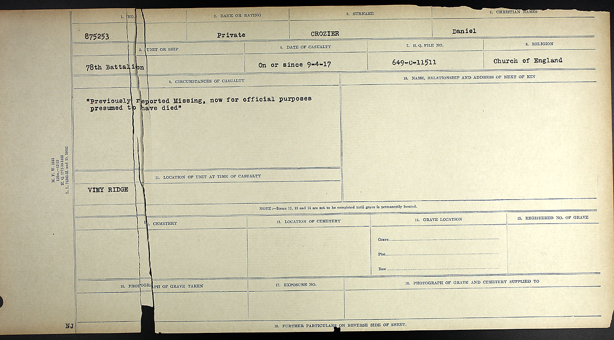Title: Circumstances of Death Registers, First World War - Mikan Number: 46246 - Microform: 31829_B016734