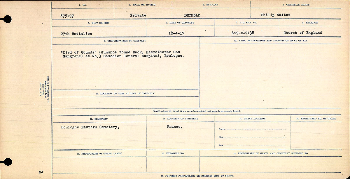 Titre : Registres de circonstances du dcs, Premire Guerre mondiale - N d'enregistrement Mikan : 46246 - Microforme : 31829_B016736
