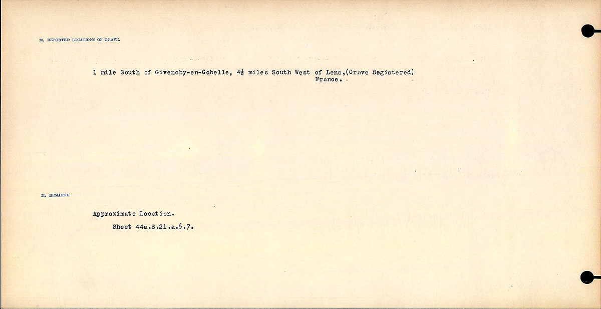 Titre : Registres de circonstances du dcs, Premire Guerre mondiale - N d'enregistrement Mikan : 46246 - Microforme : 31829_B016737