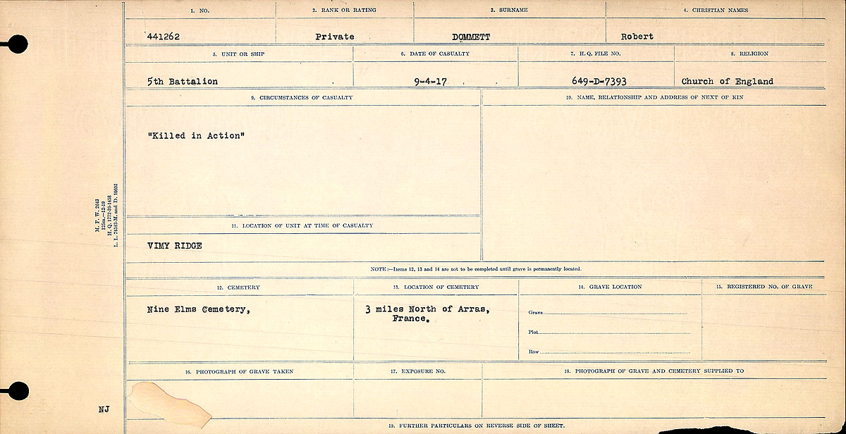 Title: Circumstances of Death Registers, First World War - Mikan Number: 46246 - Microform: 31829_B016737