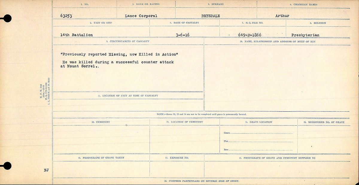 Titre : Registres de circonstances du dcs, Premire Guerre mondiale - N d'enregistrement Mikan : 46246 - Microforme : 31829_B016738