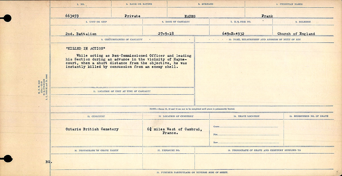 Title: Circumstances of Death Registers, First World War - Mikan Number: 46246 - Microform: 31829_B016740