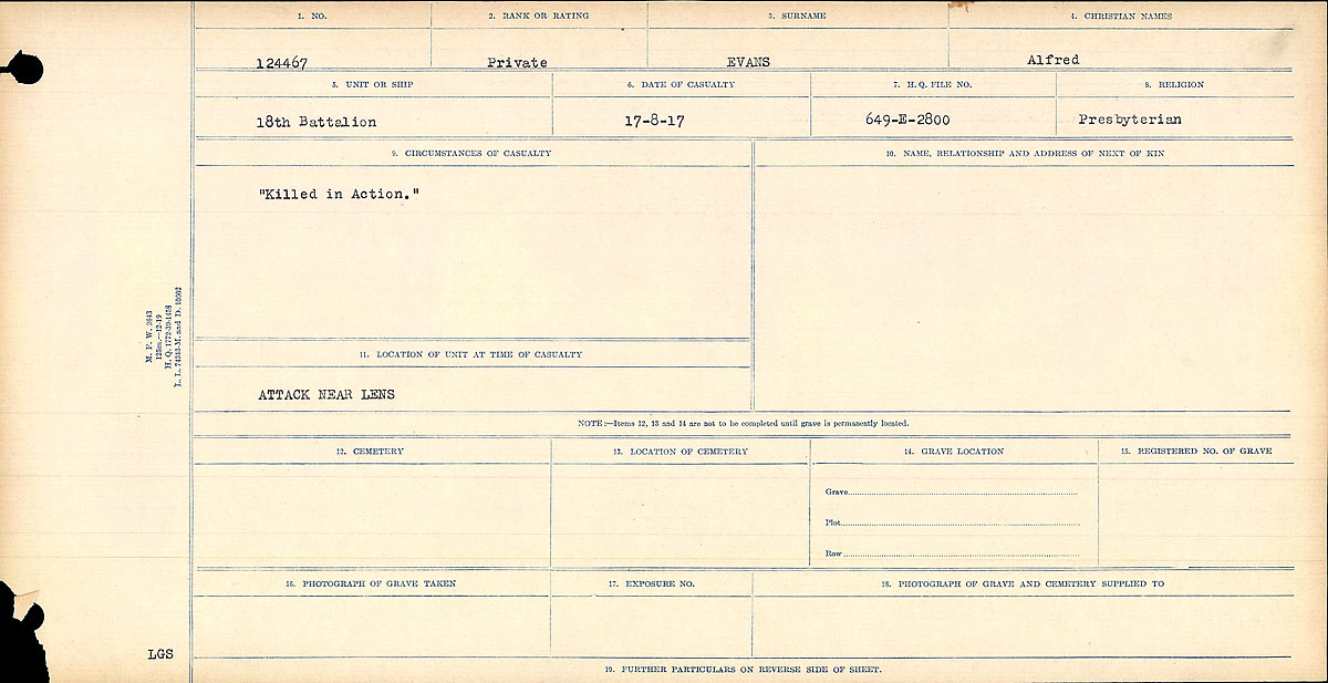Title: Circumstances of Death Registers, First World War - Mikan Number: 46246 - Microform: 31829_B016741
