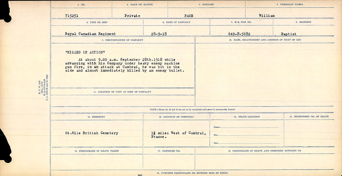 Title: Circumstances of Death Registers, First World War - Mikan Number: 46246 - Microform: 31829_B016742