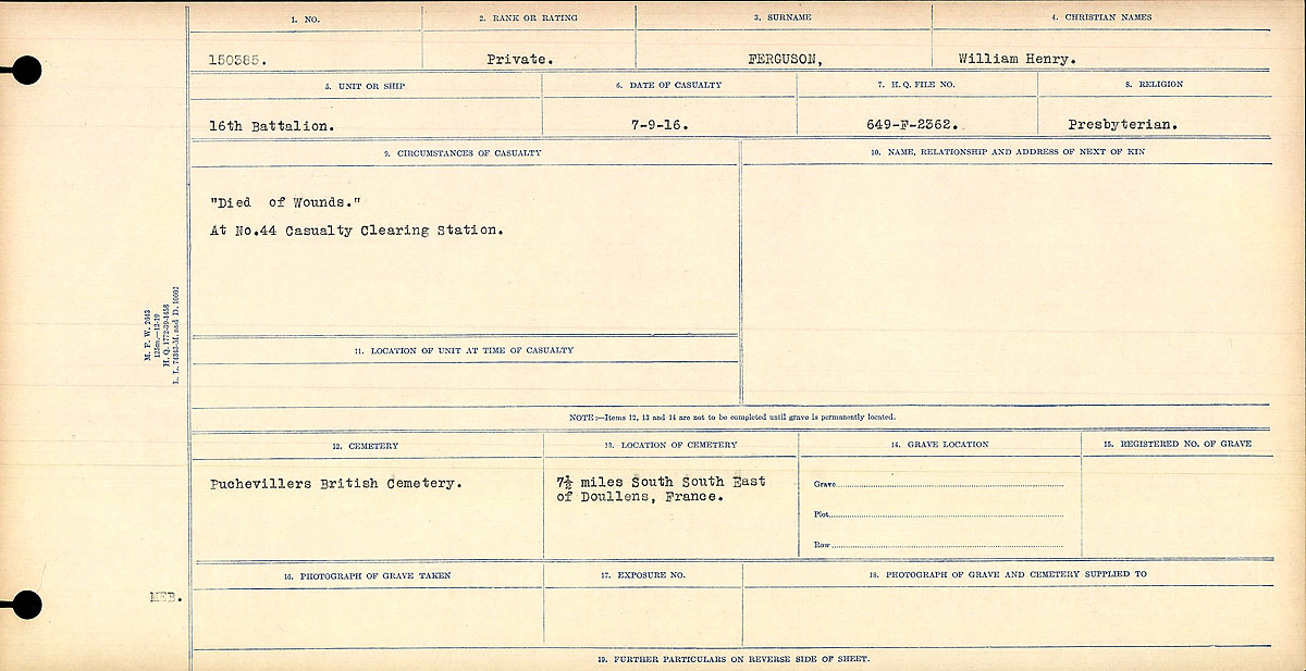 Title: Circumstances of Death Registers, First World War - Mikan Number: 46246 - Microform: 31829_B016742