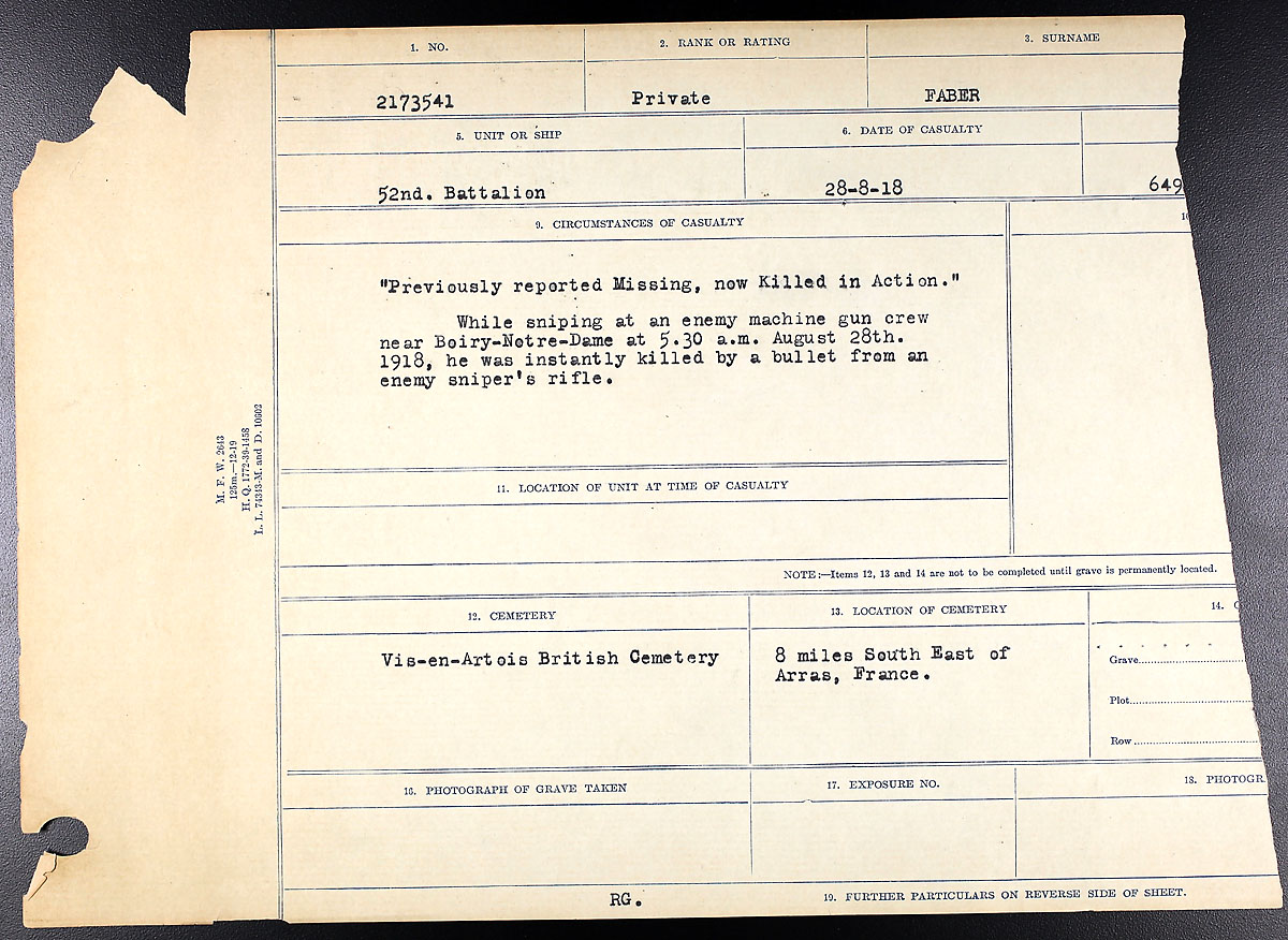 Titre : Registres de circonstances du dcs, Premire Guerre mondiale - N d'enregistrement Mikan : 46246 - Microforme : 31829_B016742