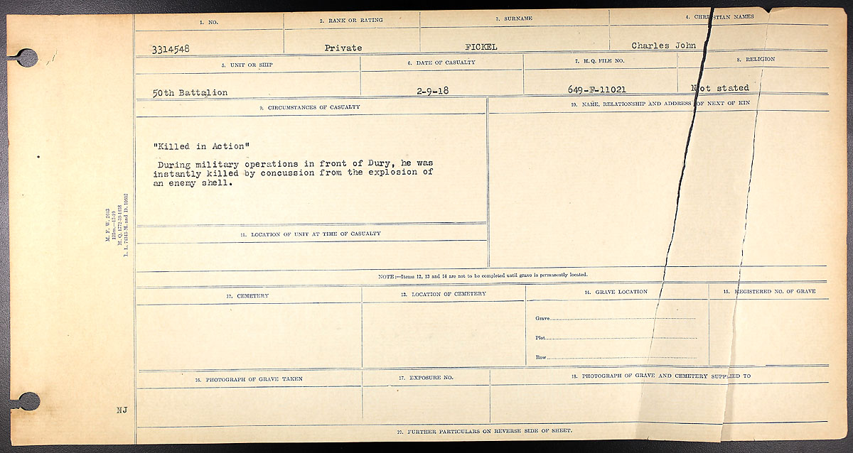 Titre : Registres de circonstances du dcs, Premire Guerre mondiale - N d'enregistrement Mikan : 46246 - Microforme : 31829_B016743