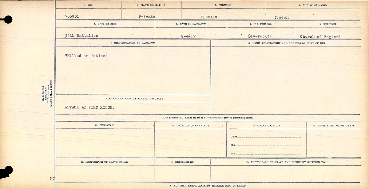Title: Circumstances of Death Registers, First World War - Mikan Number: 46246 - Microform: 31829_B016743