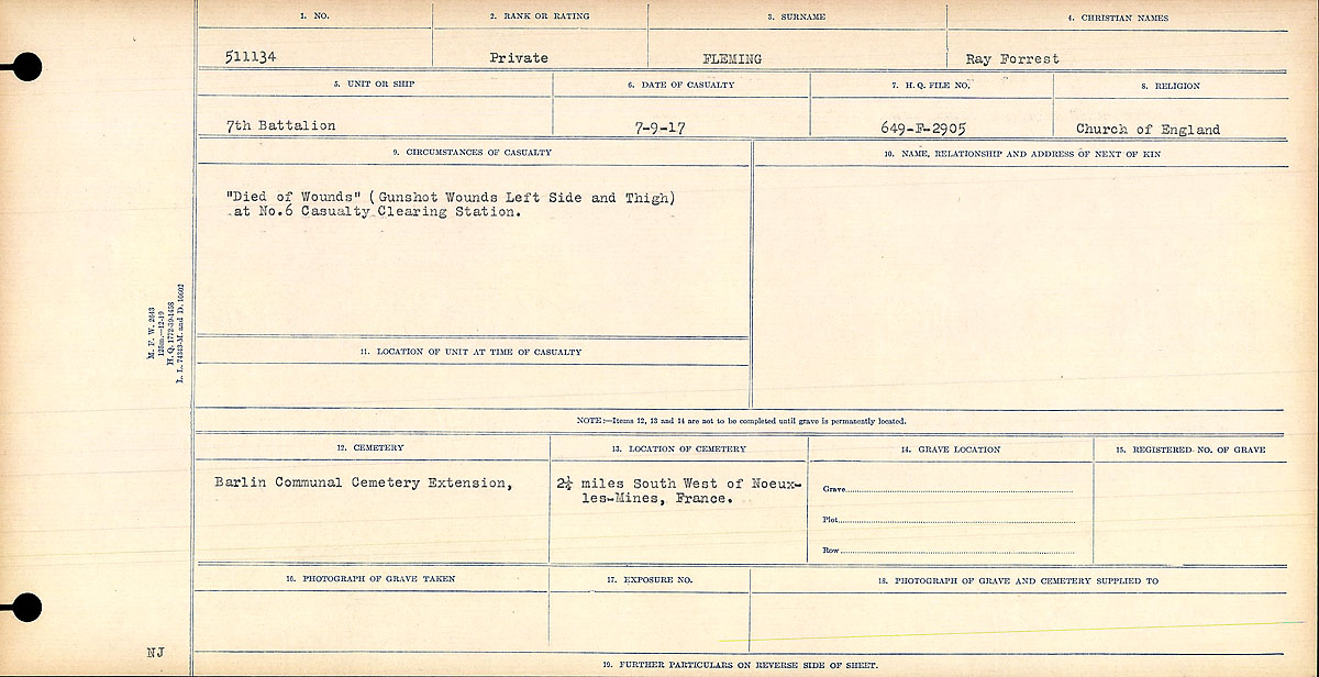 Title: Circumstances of Death Registers, First World War - Mikan Number: 46246 - Microform: 31829_B016743