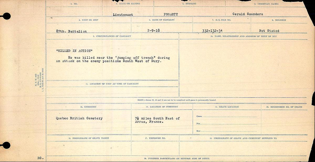 Titre : Registres de circonstances du dcs, Premire Guerre mondiale - N d'enregistrement Mikan : 46246 - Microforme : 31829_B016744