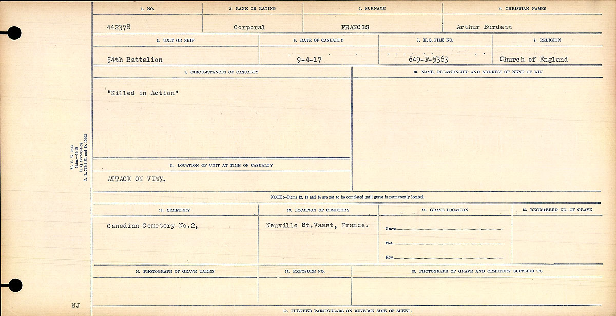 Title: Circumstances of Death Registers, First World War - Mikan Number: 46246 - Microform: 31829_B016744