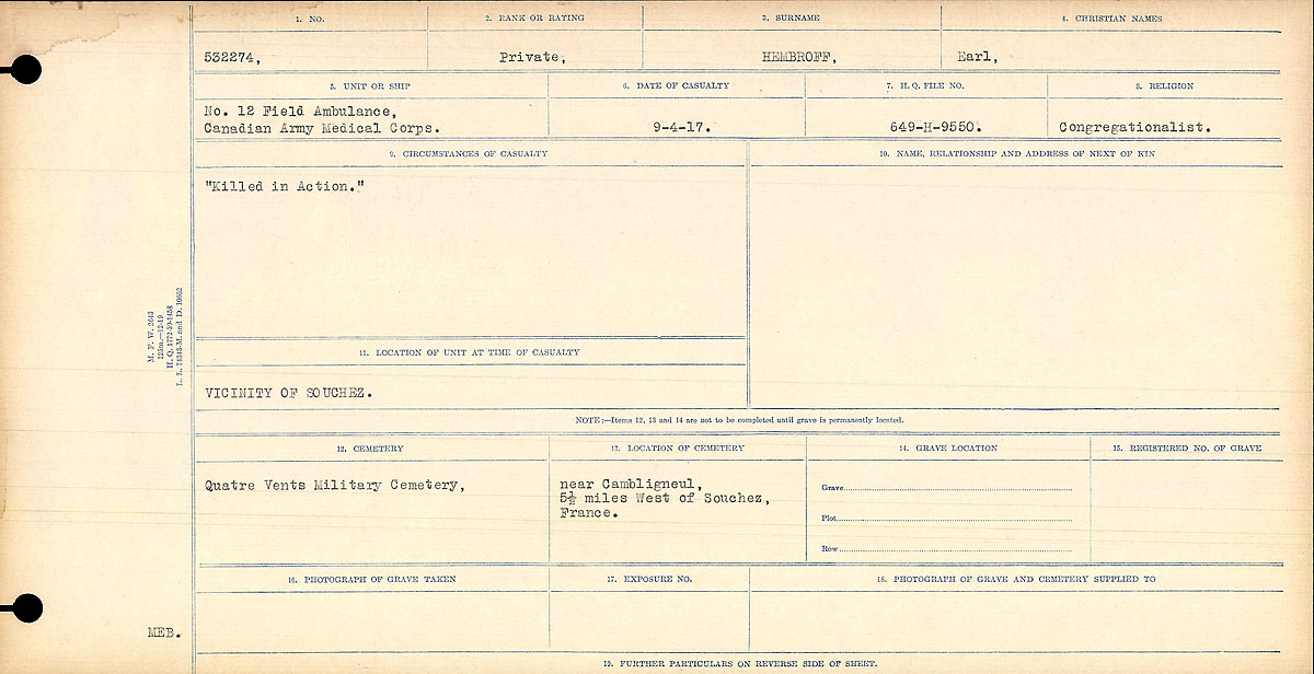 Title: Circumstances of Death Registers, First World War - Mikan Number: 46246 - Microform: 31829_B016745