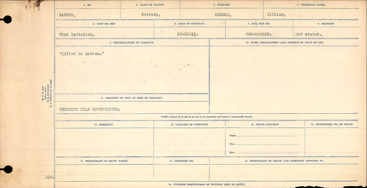 Titre : Registres de circonstances du dcs, Premire Guerre mondiale - N d'enregistrement Mikan : 46246 - Microforme : 31829_B016745