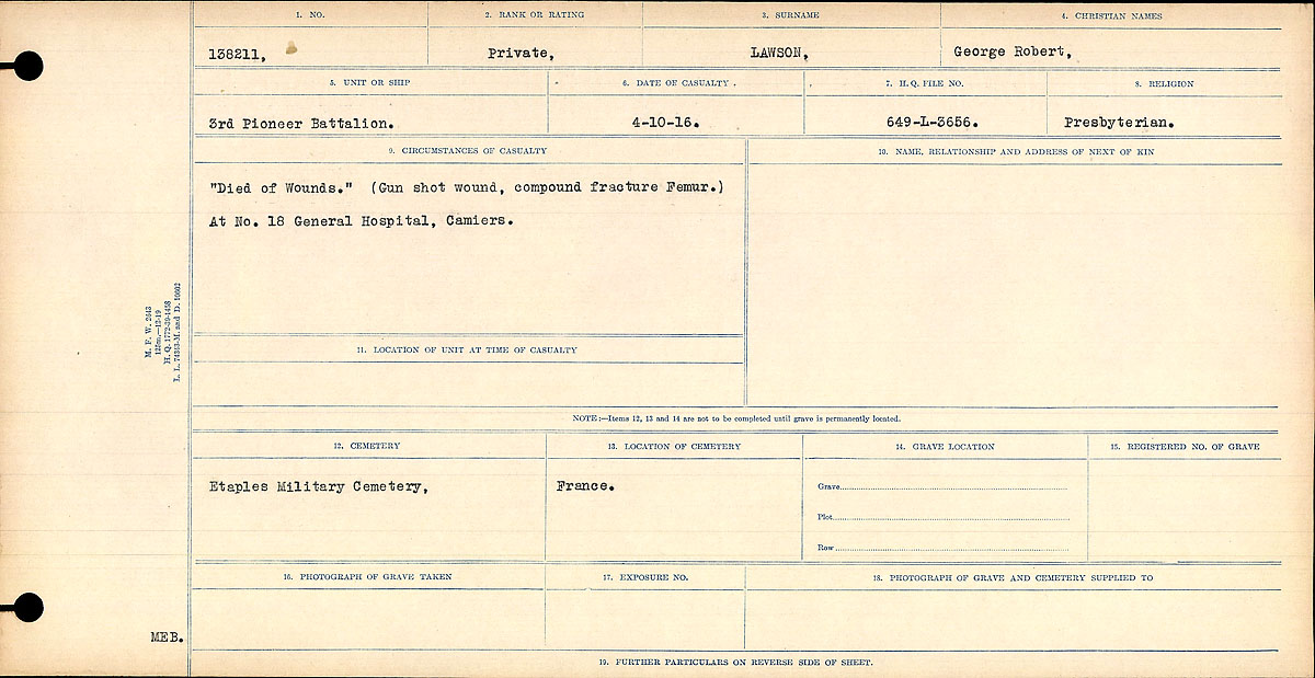 Title: Circumstances of Death Registers, First World War - Mikan Number: 46246 - Microform: 31829_B016747