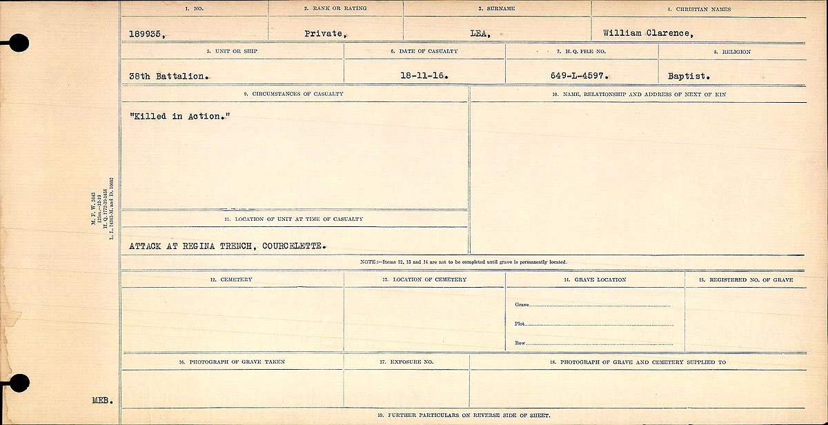 Title: Circumstances of Death Registers, First World War - Mikan Number: 46246 - Microform: 31829_B016747