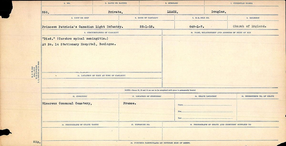 Title: Circumstances of Death Registers, First World War - Mikan Number: 46246 - Microform: 31829_B016748