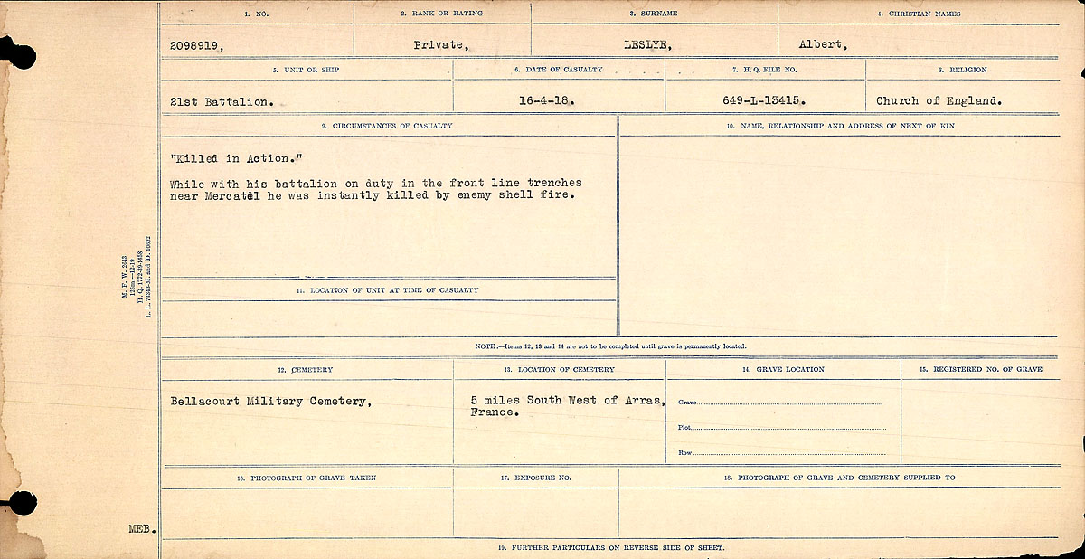 Title: Circumstances of Death Registers, First World War - Mikan Number: 46246 - Microform: 31829_B016748