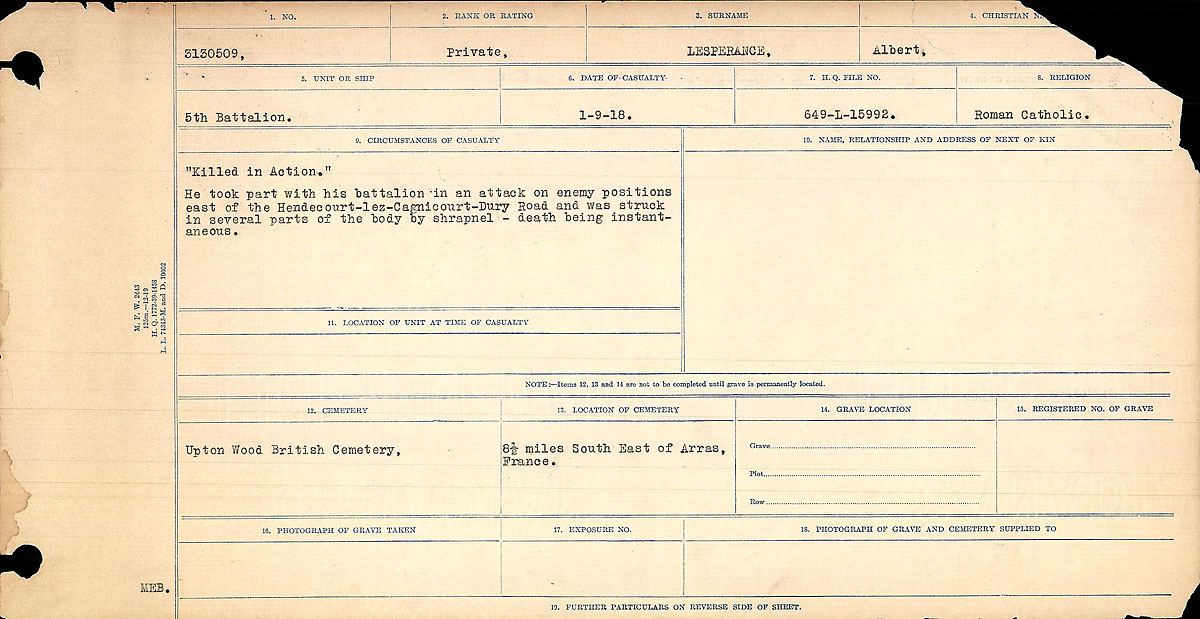 Titre : Registres de circonstances du dcs, Premire Guerre mondiale - N d'enregistrement Mikan : 46246 - Microforme : 31829_B016749