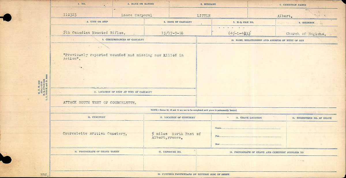 Title: Circumstances of Death Registers, First World War - Mikan Number: 46246 - Microform: 31829_B016750