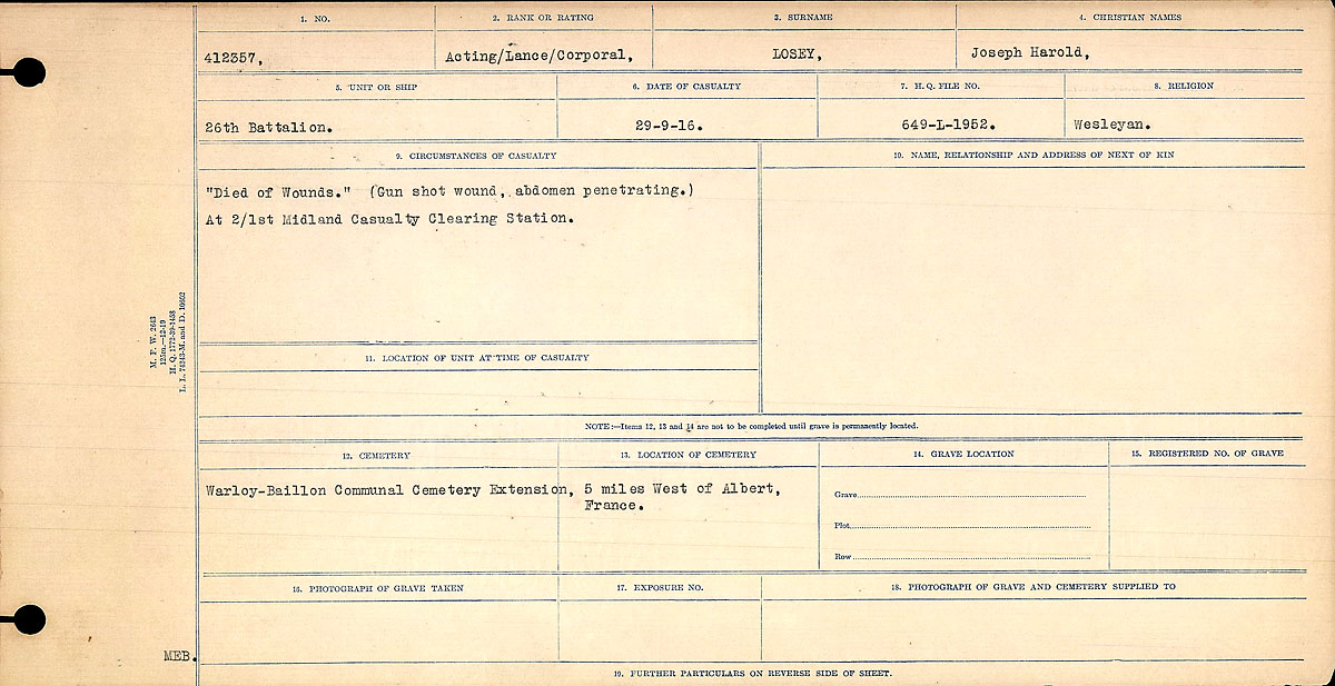 Titre : Registres de circonstances du dcs, Premire Guerre mondiale - N d'enregistrement Mikan : 46246 - Microforme : 31829_B016751
