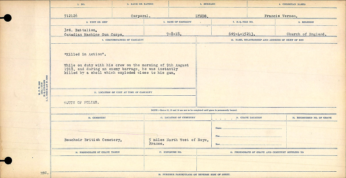 Title: Circumstances of Death Registers, First World War - Mikan Number: 46246 - Microform: 31829_B016751