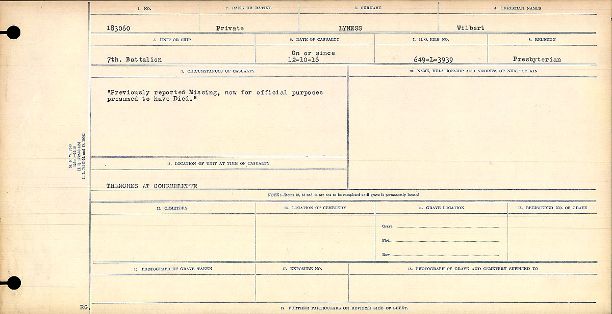 Title: Circumstances of Death Registers, First World War - Mikan Number: 46246 - Microform: 31829_B016751