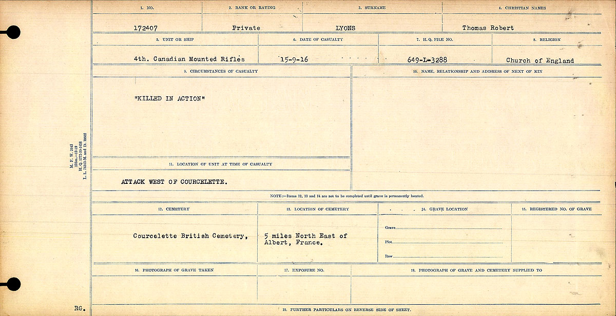 Title: Circumstances of Death Registers, First World War - Mikan Number: 46246 - Microform: 31829_B016751