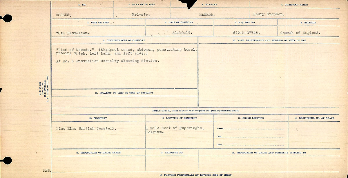 Title: Circumstances of Death Registers, First World War - Mikan Number: 46246 - Microform: 31829_B016752