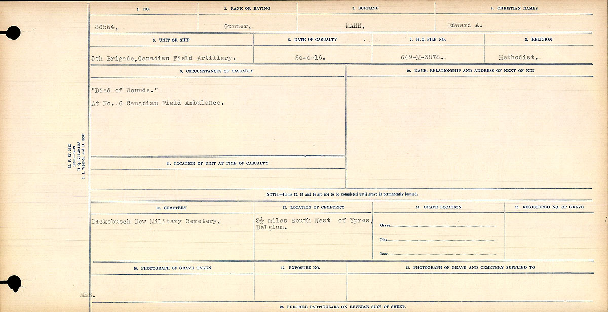 Title: Circumstances of Death Registers, First World War - Mikan Number: 46246 - Microform: 31829_B016752