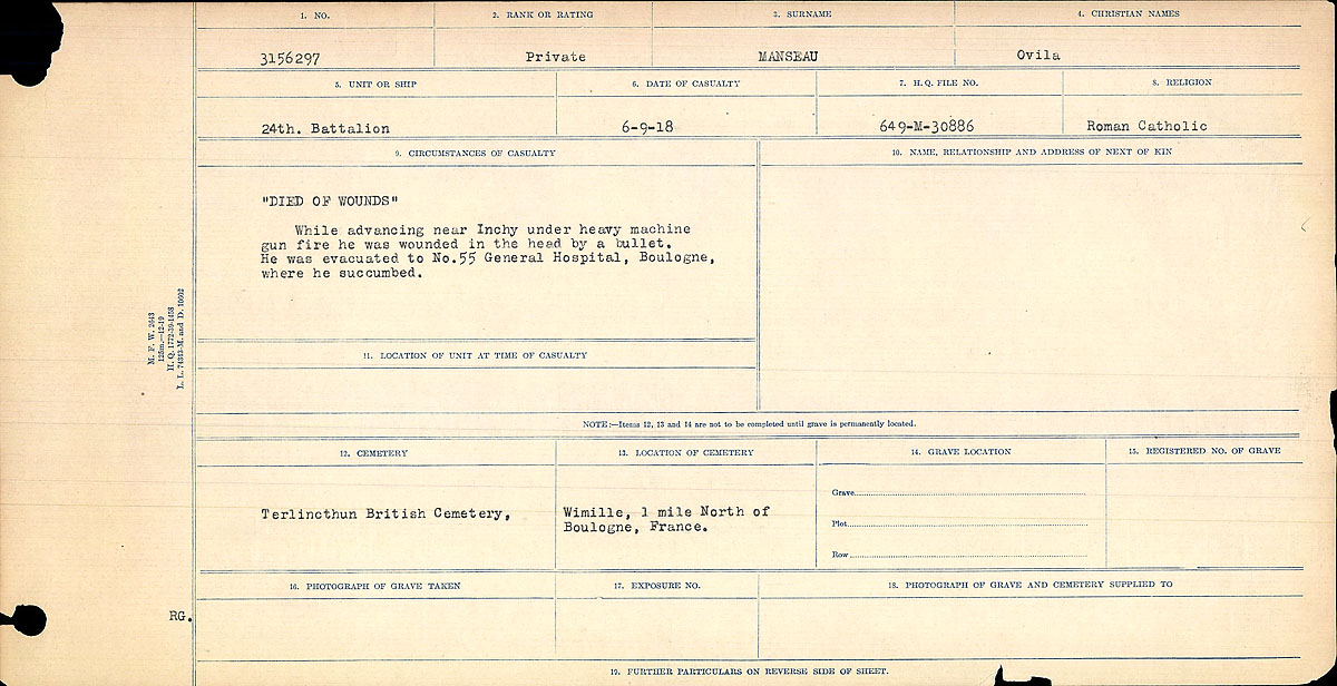 Titre : Registres de circonstances du dcs, Premire Guerre mondiale - N d'enregistrement Mikan : 46246 - Microforme : 31829_B016753