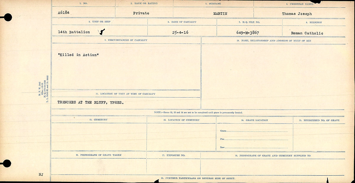 Title: Circumstances of Death Registers, First World War - Mikan Number: 46246 - Microform: 31829_B016753