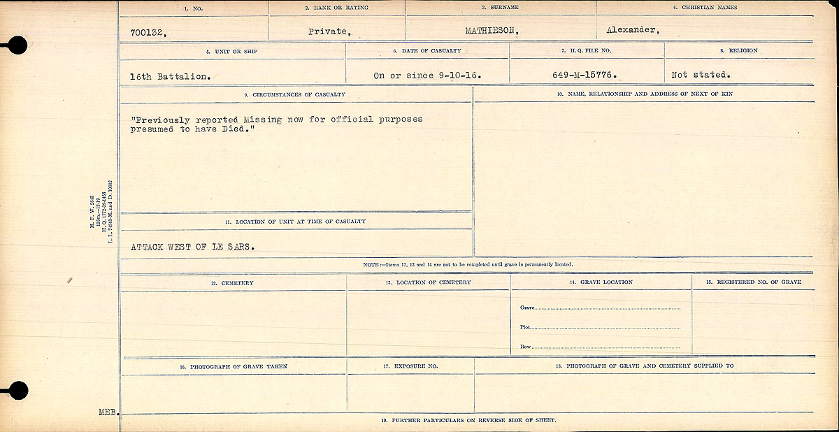 Title: Circumstances of Death Registers, First World War - Mikan Number: 46246 - Microform: 31829_B016754