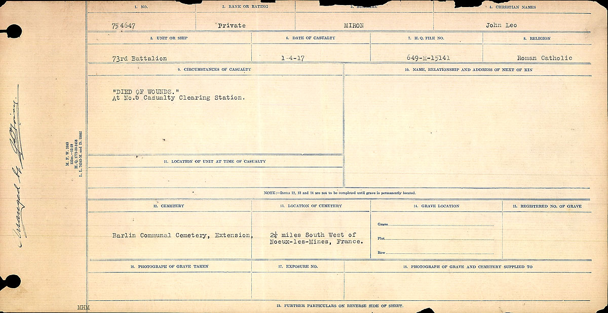 Titre : Registres de circonstances du dcs, Premire Guerre mondiale - N d'enregistrement Mikan : 46246 - Microforme : 31829_B016755