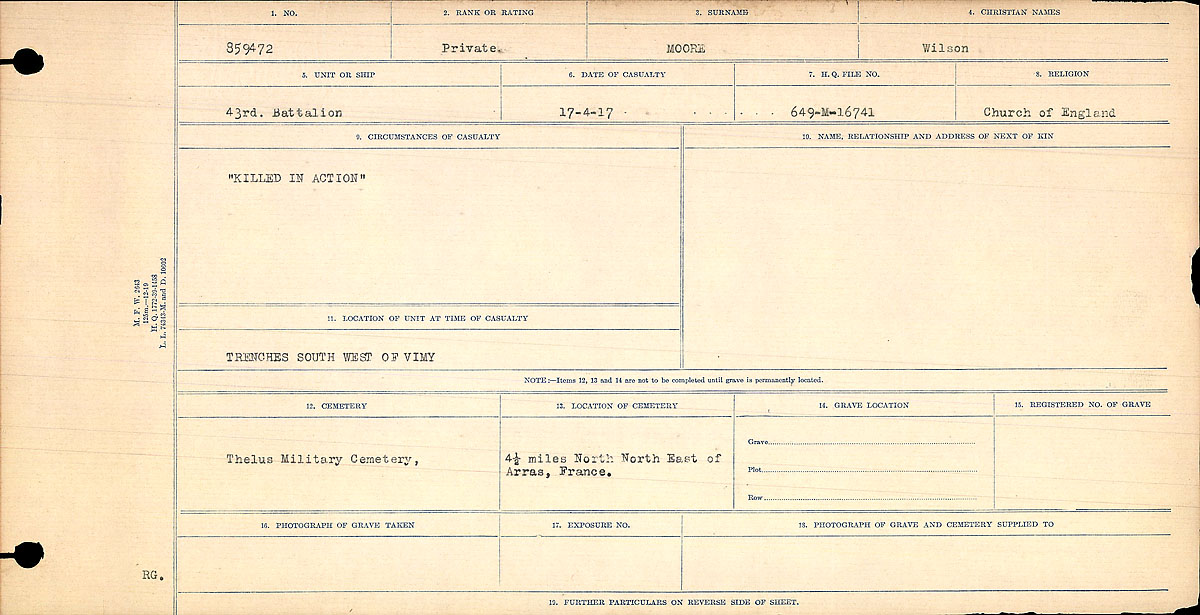 Title: Circumstances of Death Registers, First World War - Mikan Number: 46246 - Microform: 31829_B016755