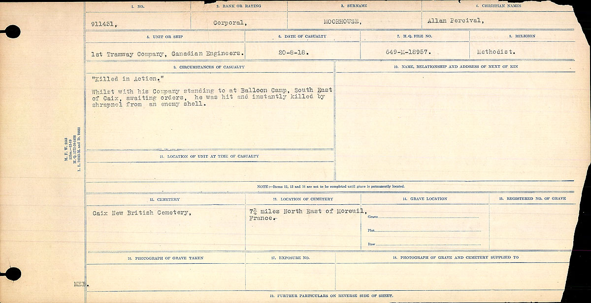 Titre : Registres de circonstances du dcs, Premire Guerre mondiale - N d'enregistrement Mikan : 46246 - Microforme : 31829_B016756