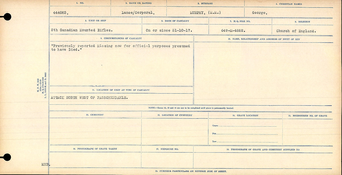 Title: Circumstances of Death Registers, First World War - Mikan Number: 46246 - Microform: 31829_B016757