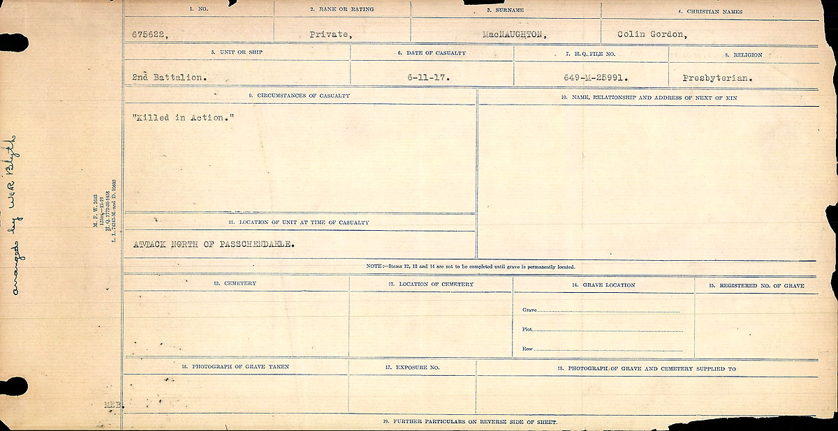 Titre : Registres de circonstances du dcs, Premire Guerre mondiale - N d'enregistrement Mikan : 46246 - Microforme : 31829_B016758