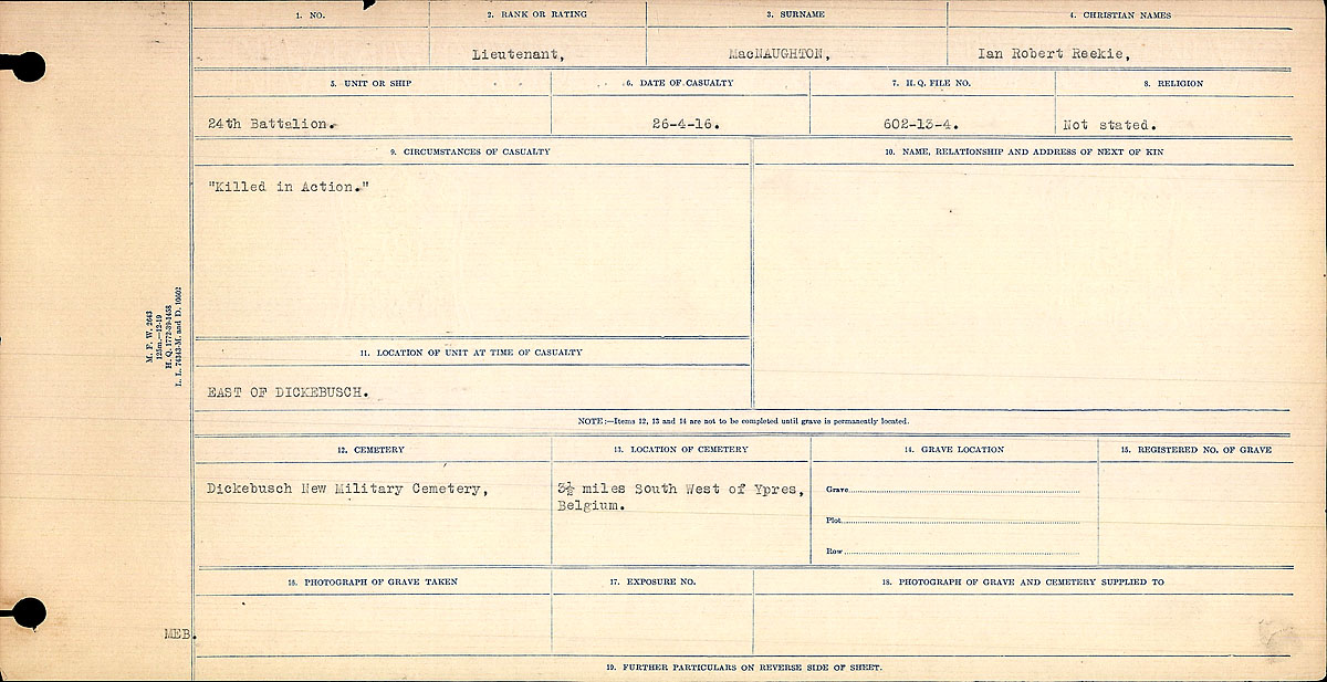 Title: Circumstances of Death Registers, First World War - Mikan Number: 46246 - Microform: 31829_B016758