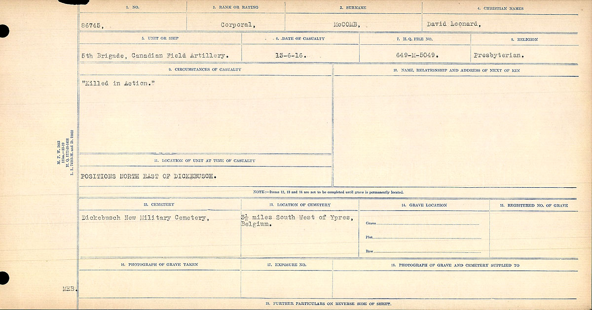 Title: Circumstances of Death Registers, First World War - Mikan Number: 46246 - Microform: 31829_B016758