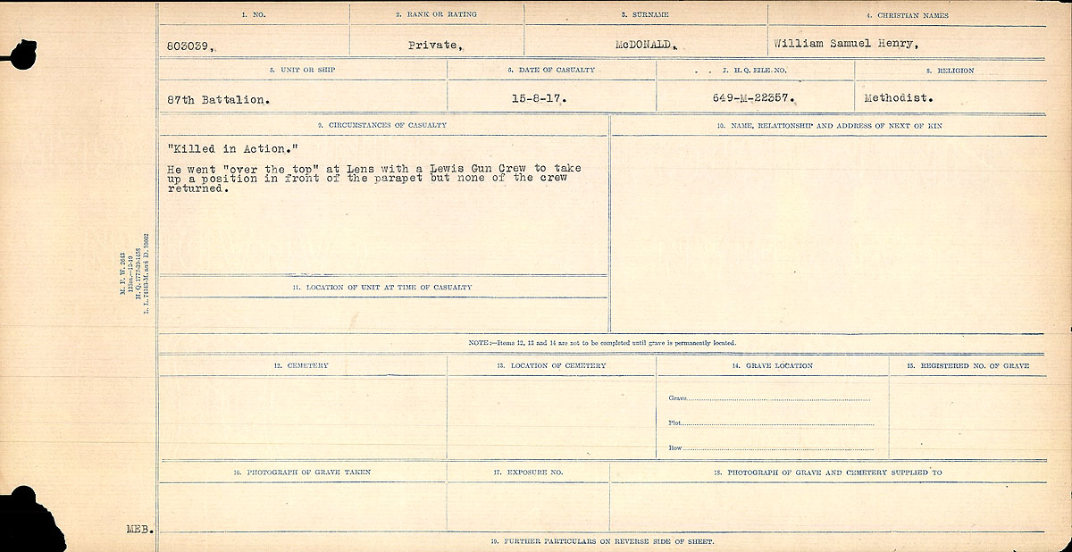 Title: Circumstances of Death Registers, First World War - Mikan Number: 46246 - Microform: 31829_B016759