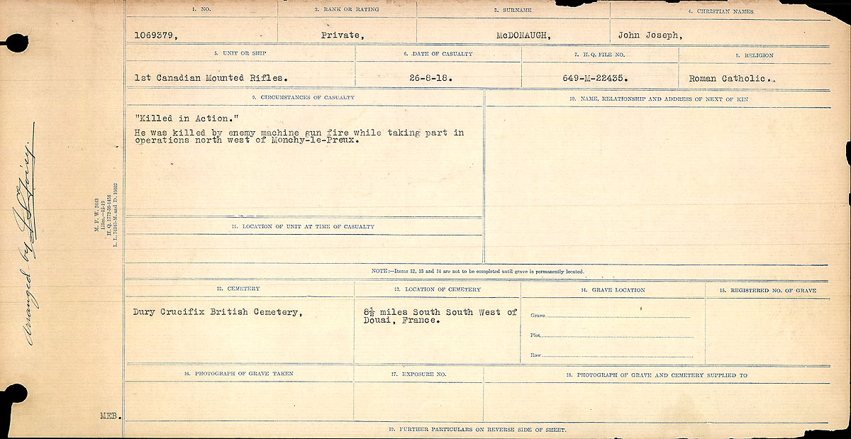 Titre : Registres de circonstances du dcs, Premire Guerre mondiale - N d'enregistrement Mikan : 46246 - Microforme : 31829_B016760