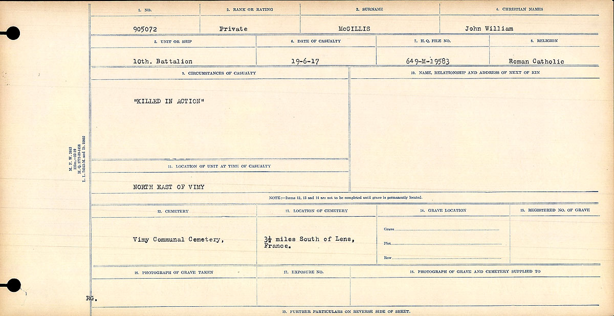 Title: Circumstances of Death Registers, First World War - Mikan Number: 46246 - Microform: 31829_B016760