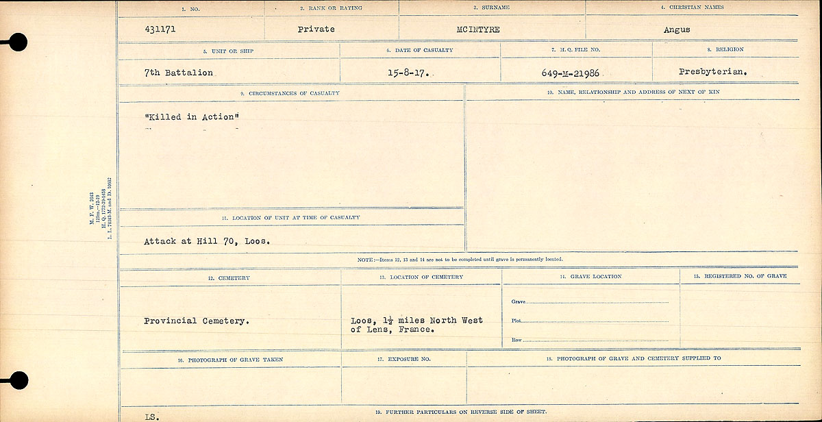 Title: Circumstances of Death Registers, First World War - Mikan Number: 46246 - Microform: 31829_B016760