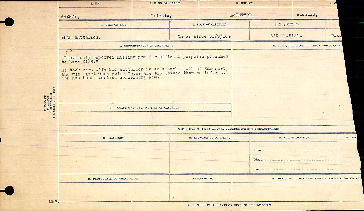 Titre : Registres de circonstances du dcs, Premire Guerre mondiale - N d'enregistrement Mikan : 46246 - Microforme : 31829_B016761