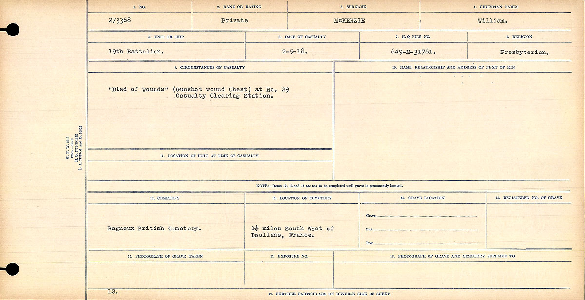 Title: Circumstances of Death Registers, First World War - Mikan Number: 46246 - Microform: 31829_B016761