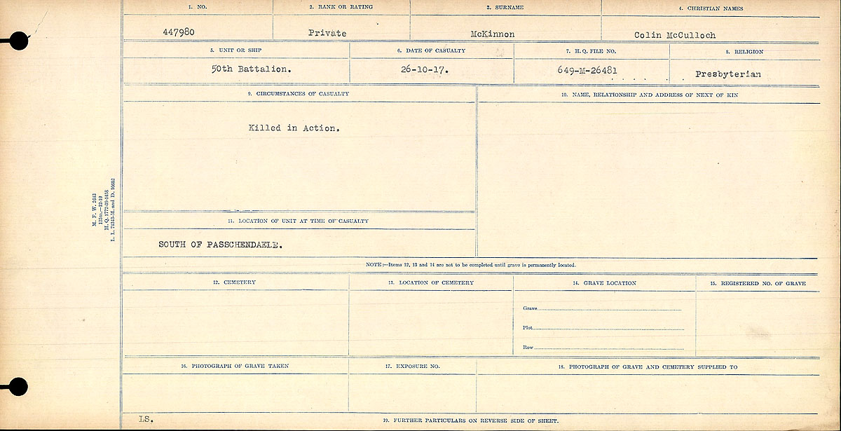 Title: Circumstances of Death Registers, First World War - Mikan Number: 46246 - Microform: 31829_B016761