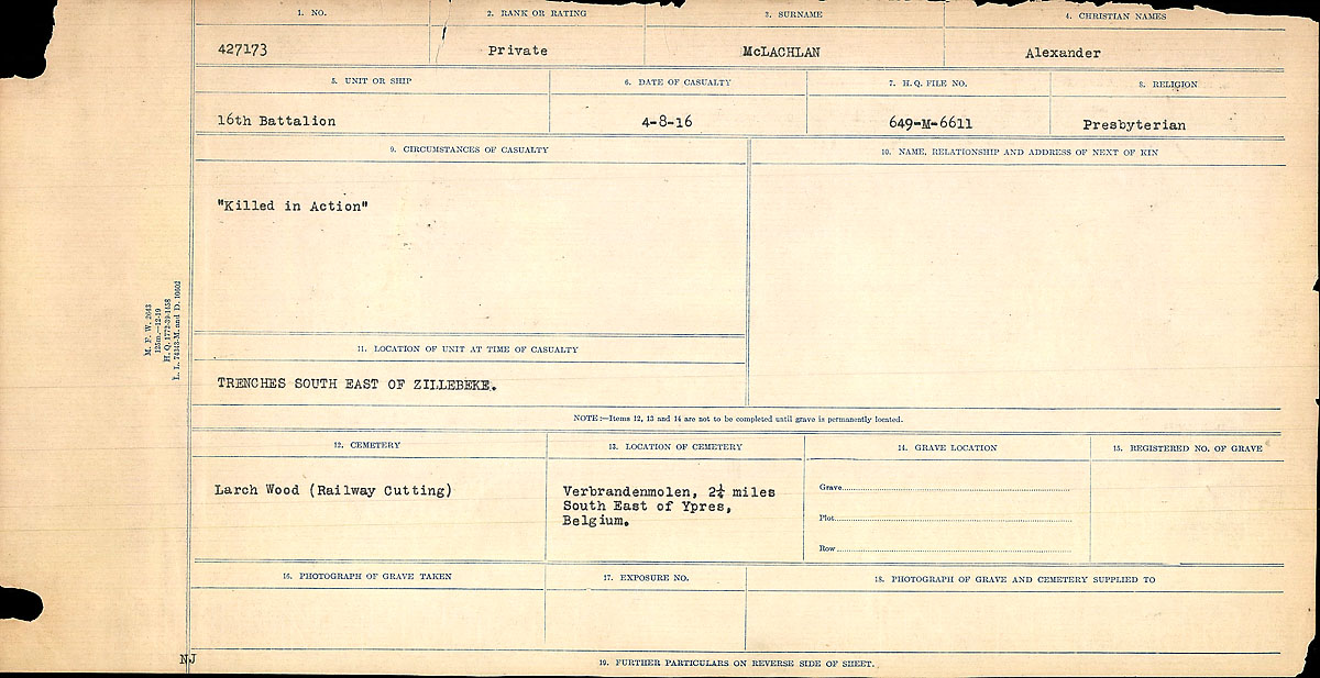 Title: Circumstances of Death Registers, First World War - Mikan Number: 46246 - Microform: 31829_B016762
